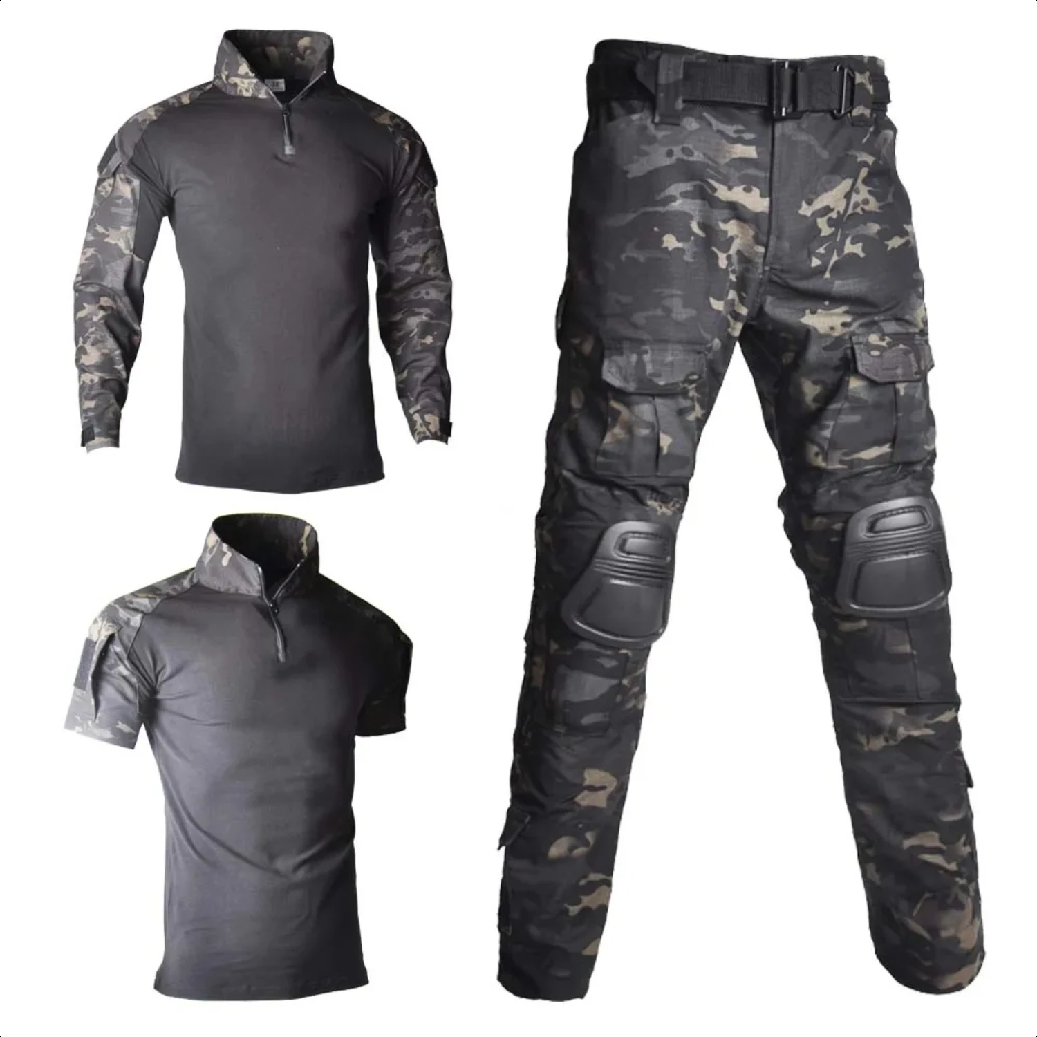 Airsoft Military Uniform  Camo Tactical Pants Safari  Men Working Clothing Combat Shirt Hunting Suit Cargo Pants +Pads