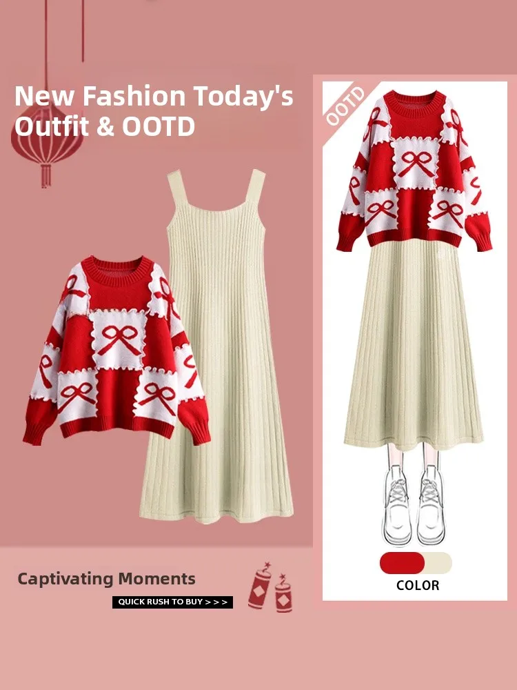 เสื้อสเวตเตอร์ถักสีแดงทรงตรง กระชับสัดส่วน แฟชั่นฤดูหนาว สไตล์ลำลอง ป้องกันคราบ ผ้าเนื้อดี แขนยาว คอกลม