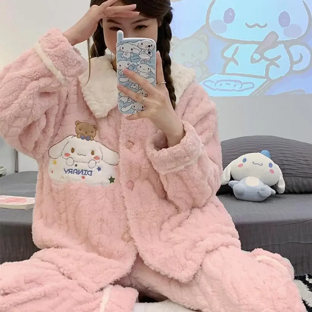 Kawaii Sanrioed Cinnamoroll Women\'s Pajama Set Anime Cute Coral Velvet Long Sleeve Thicken Warm Nightwear Autumn Winter Homewear