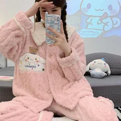 Kawaii Sanrioed Cinnamoroll Women's Pajama Set Anime Cute Coral Velvet Long Sleeve Thicken Warm Nightwear Autumn Winter Homewear