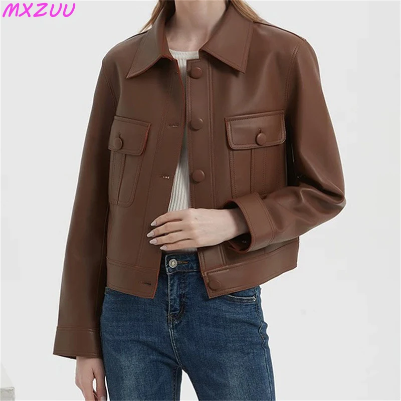 2024 Autumn Popular Genuine Leather Jacket Women Sheepskin High-End Polo Collar Tops Jassen Dames Slim Classic Short Blazer Coat