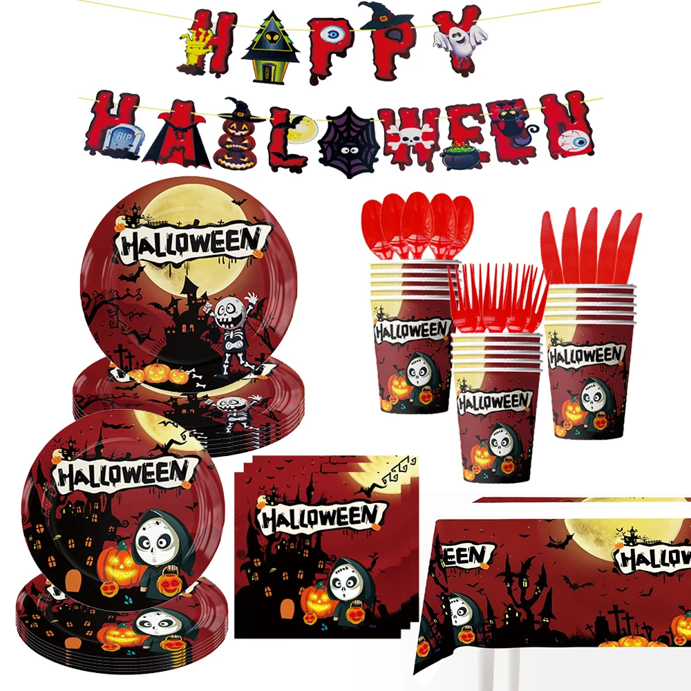 Halloween Disposable Tableware Set Pumpkin Witch Paper Cup Birthday Party Boys and Girls Party Decoration Customized Background