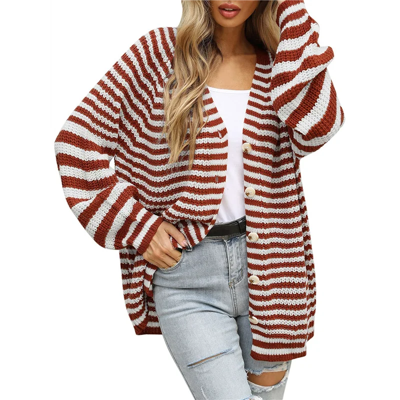 

Женский полосатый свитер, пальто, повседневный свободный вязаный кардиган с длинными рукавами и открытой передней частью на пуговицах, осень-[A04I]