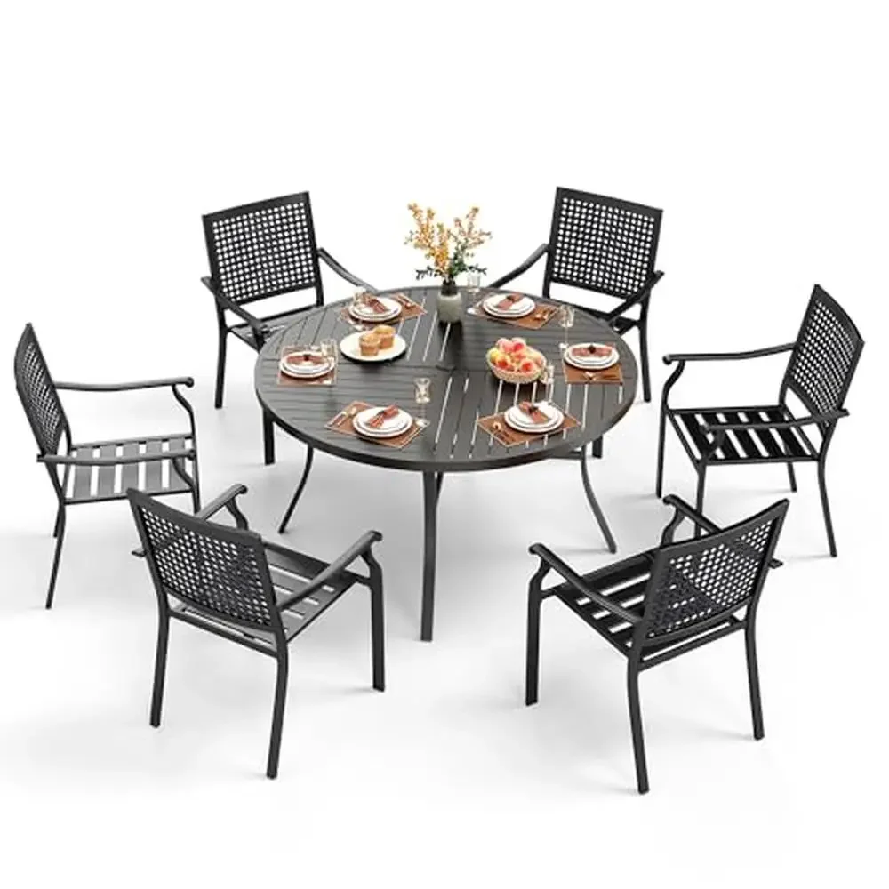 

Outdoor Round Dining Set 7 Pieces Large Wrought Iron Table Stackable Metal Chairs Furniture with Umbrella Hole Elegant Outdoor