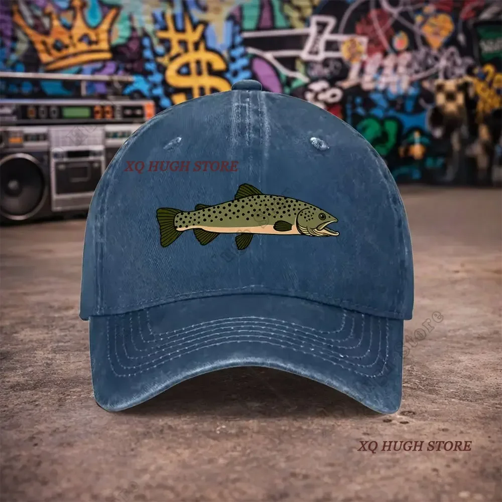 Brown Trout Print Vintage Washed Baseball Cap Fishing Cowboy Sun Hats Hip Hop Mens Snapback Cap