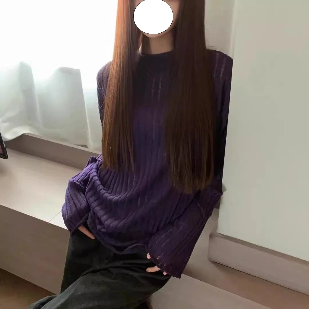 

Vintage round Neck Long Sleeve Knitted Hollow out Base Shirt Women's Loose Fit Comfortable Design Color Commute Style
