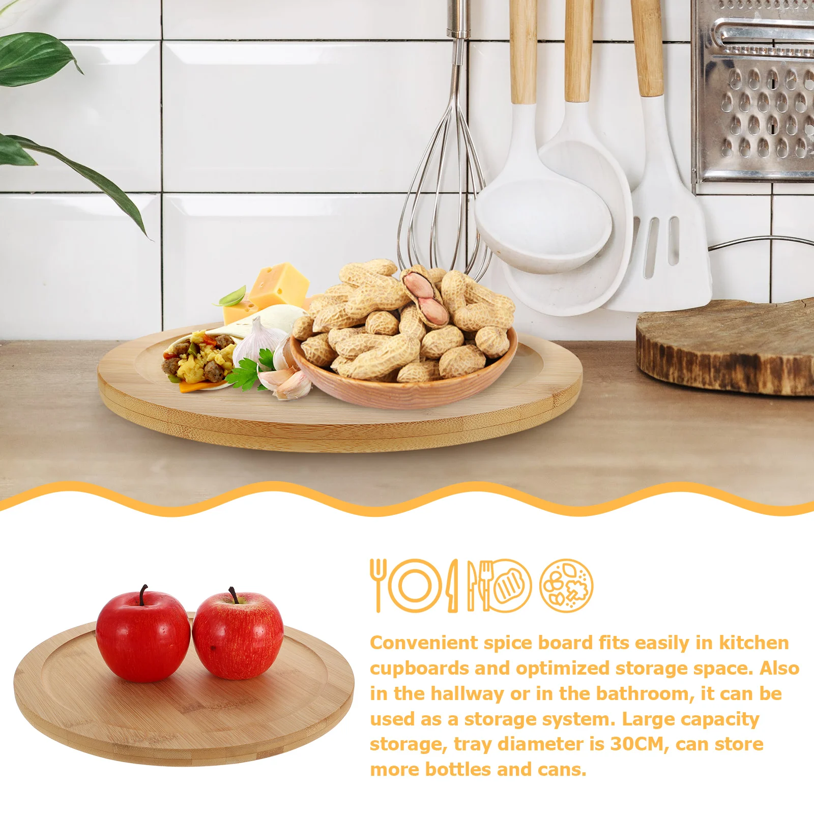

Round Bamboo Spice Holder Rotating Condiment Kitchen Seasoning Storage Tray Lightweight Organizer Turntable For Bottles