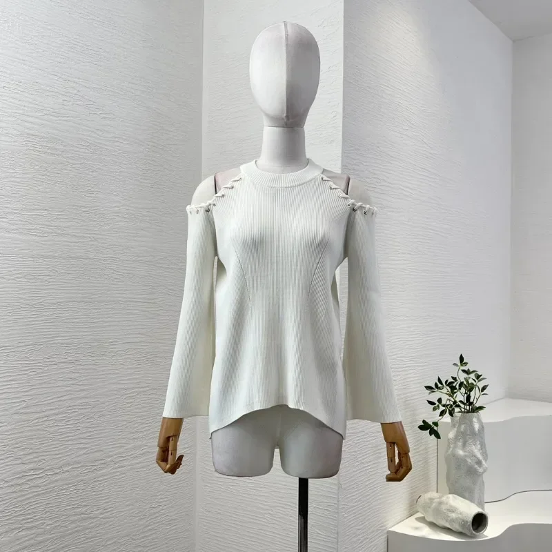 2024 Autumn Winter New Design Black/White Cut Out Long Flare Sleeve Women Casual All-matching Knit Blouse Tops