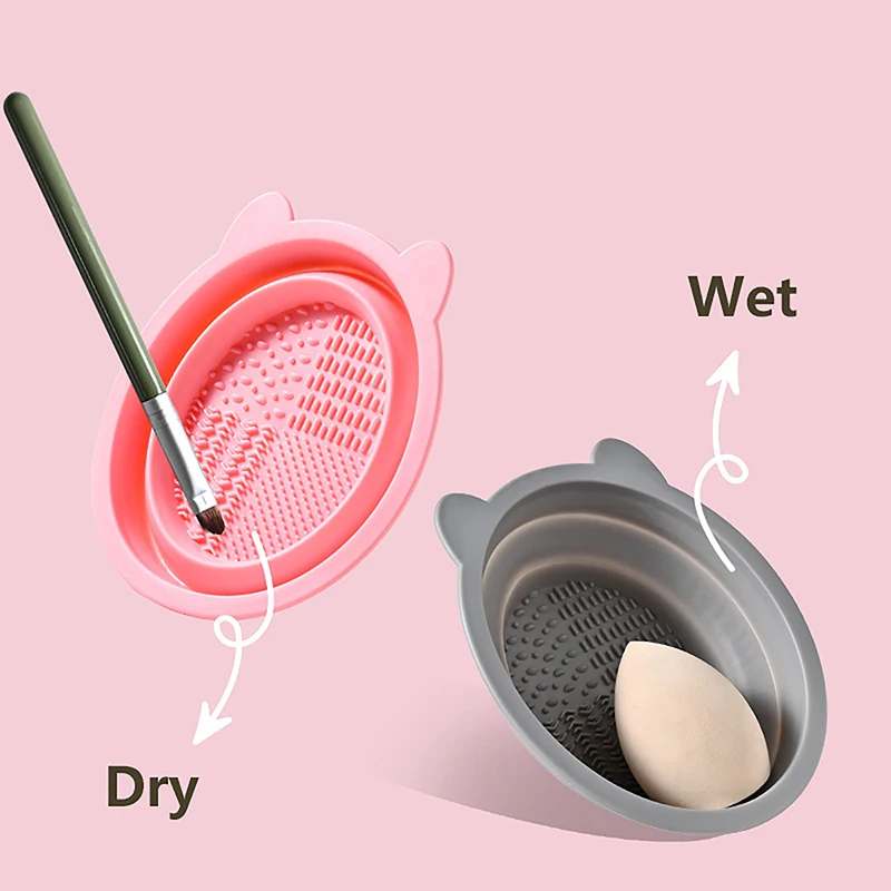 Nettoyant pour pinceaux de maquillage en silicone avec oreilles d'ours, tampon à récurer, outils de maquillage portables pour les mains