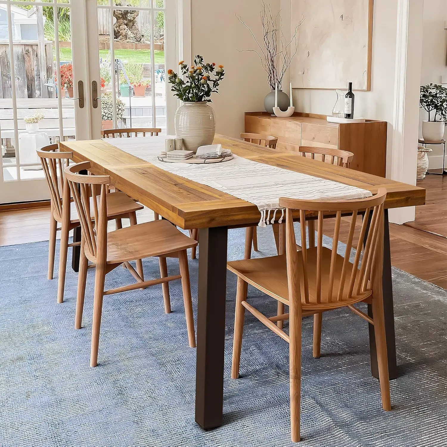 Devoko Home-Table de salle à manger en bois d'acacia, intérieur et extérieur, pieds en fer, finition SandCyclFinish, teinté naturel, rustique, 6 prêts hypothécaires