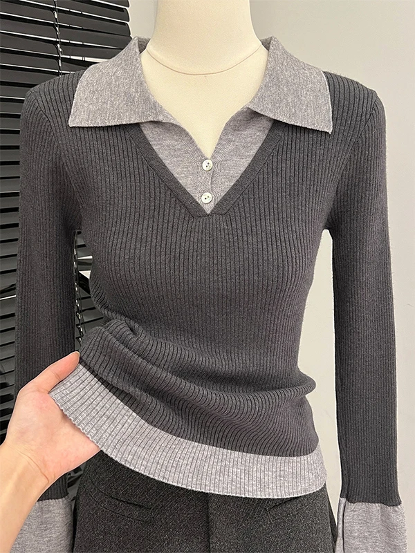 

Women's Long Sve Ne Knitted Base irt Inner Wear Top Design Sense Splicing Fake Two-Piece Autumn Winter Sweater