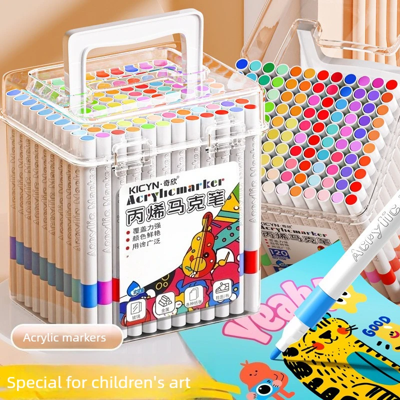 Rotuladores acrílicos en capas, lavables con agua, sin dejar de dormir para estudiantes de primaria: bolígrafos de colores impermeables y empaquetados en cubos