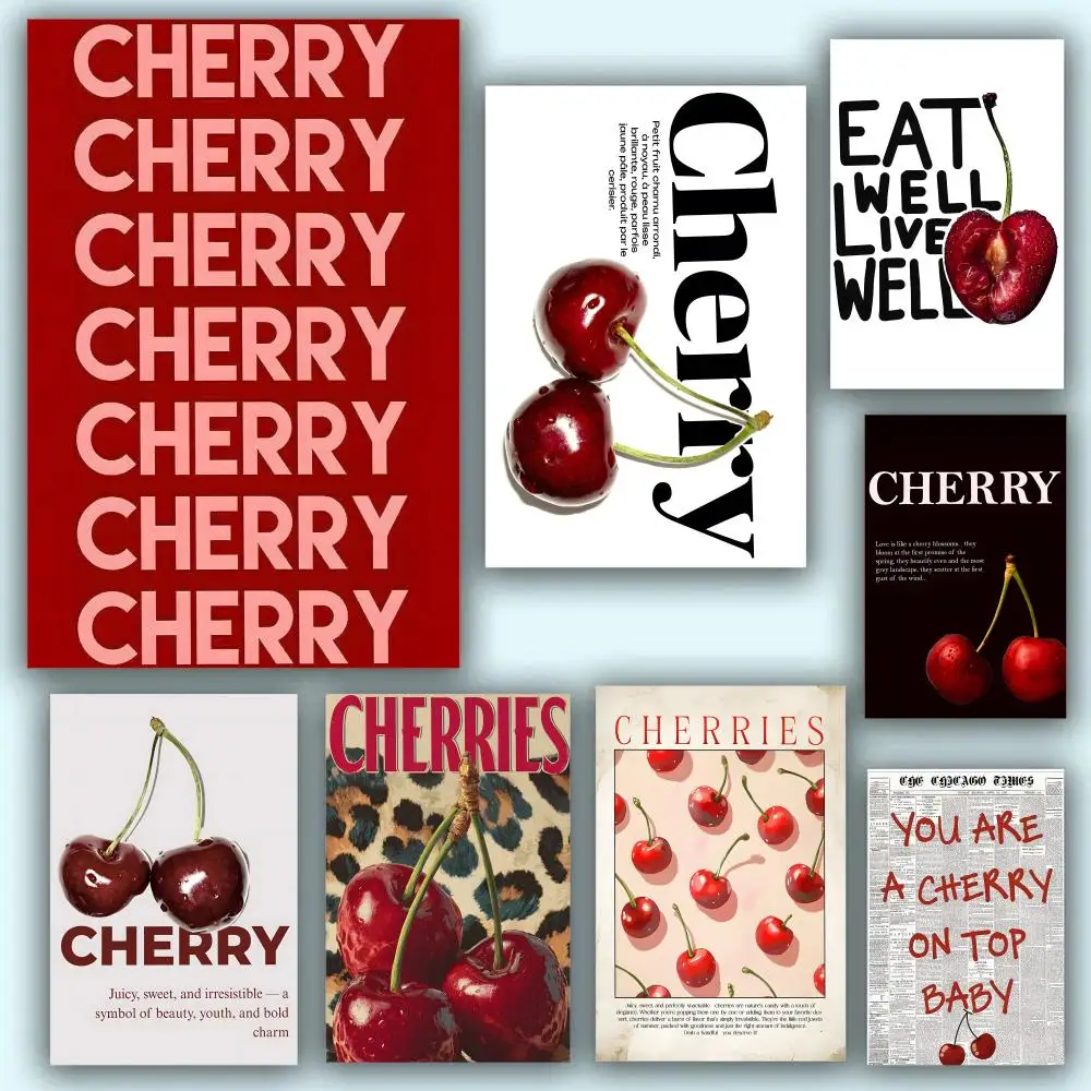 Cherry Illustrations Painting Calligraphy Fade-Resistant Vibrant Wall Art Print Non-Sticky Decor For Home Bar Gift
