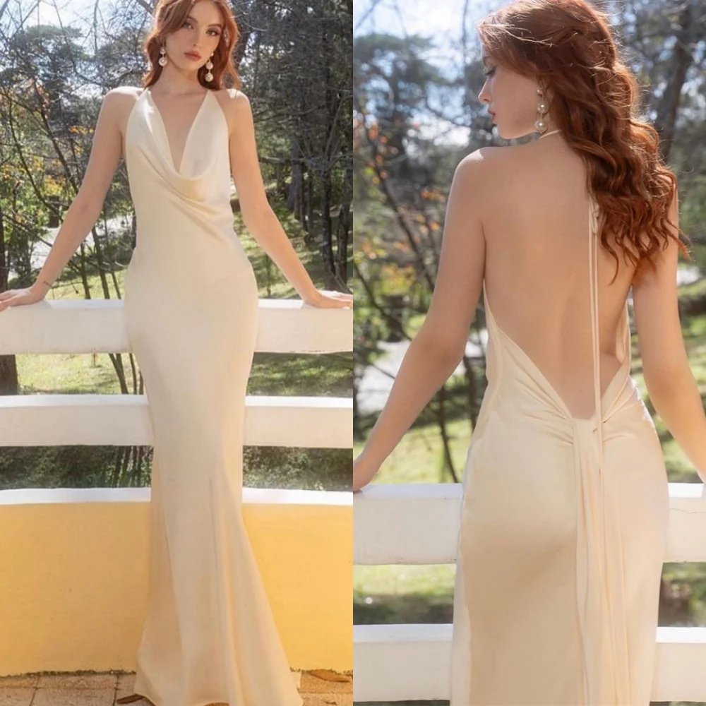 

Customized Formal Ivory Satin Evening Dress Exquisite V-Neck Spaghetti Straps Sleeveless Open Back Mermaid Homecoming Dress