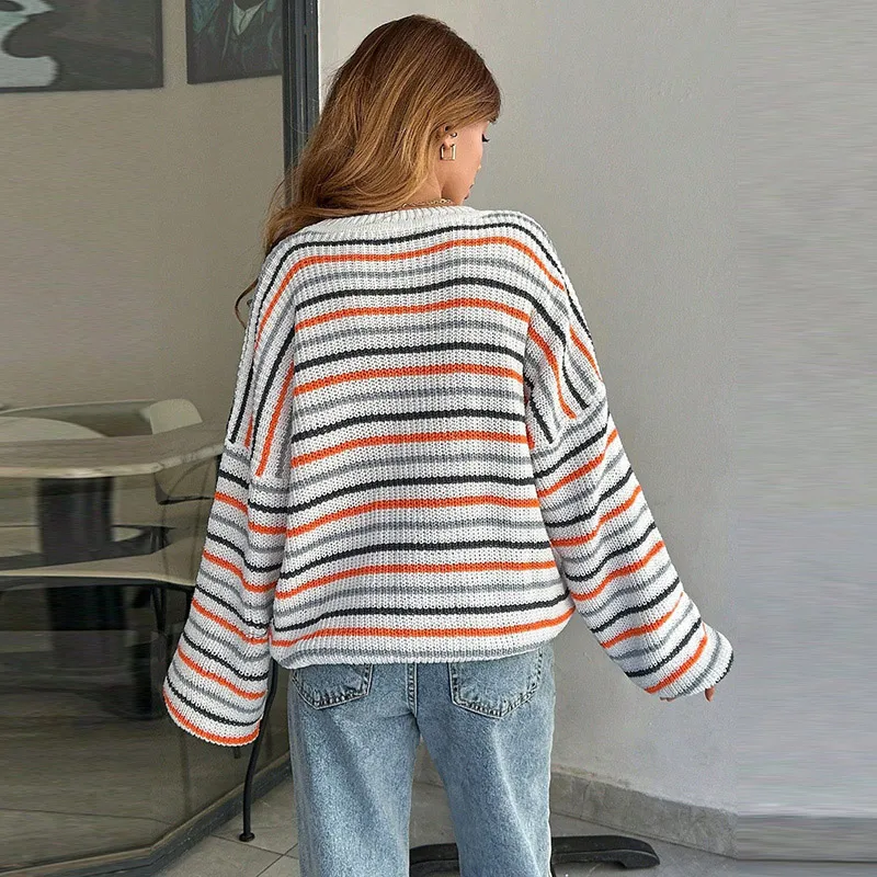 Regenbogenfarbener Gerippter Strickpullover für Damen Lässiger O-Ausschnitt Langarm Paneeliert Locker Sitzende Strickware Schicke Damen-Oberbekleidung Neu – Detail 4
