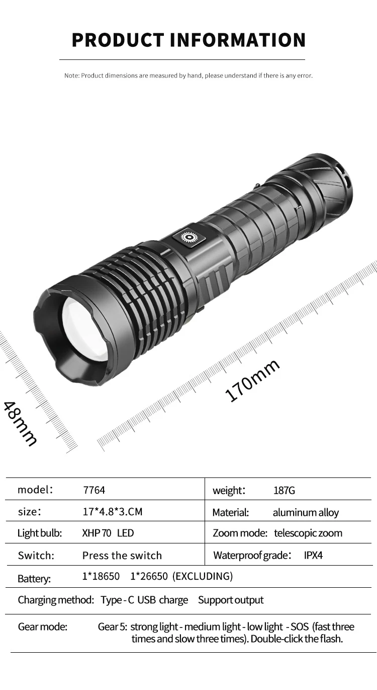 Super Bright XHP70 LED Torch 18650 26650 Type-C USB Rechargeable Flashlight 1500LM Electric Display Zoom Waterproof Emergency