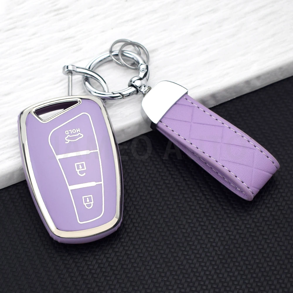 Silvery TPU Car Key Case Cover for Hyundai Santa Fe 3DM Grand SantaFe IX45 Azera Grandeur HG Genesis G80 EQUUS Key fob Chains