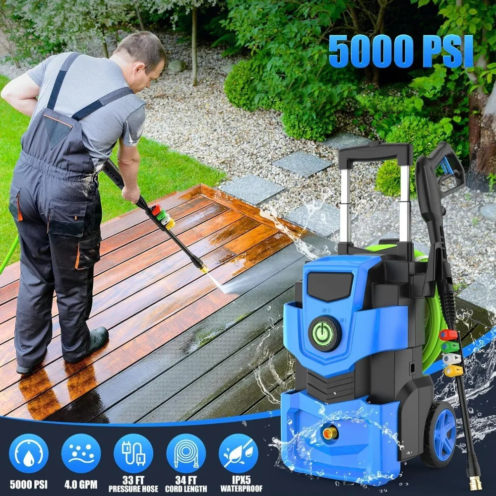 منظف الضغط 5000 رطل لكل بوصة مربعة، منظف طاقة عالي التحمل 4.0 جالون في الدقيقة مع 4 فوهات، مدفع رغوة، خرطوم 33 قدم وزجاجة صابون 500 مل.