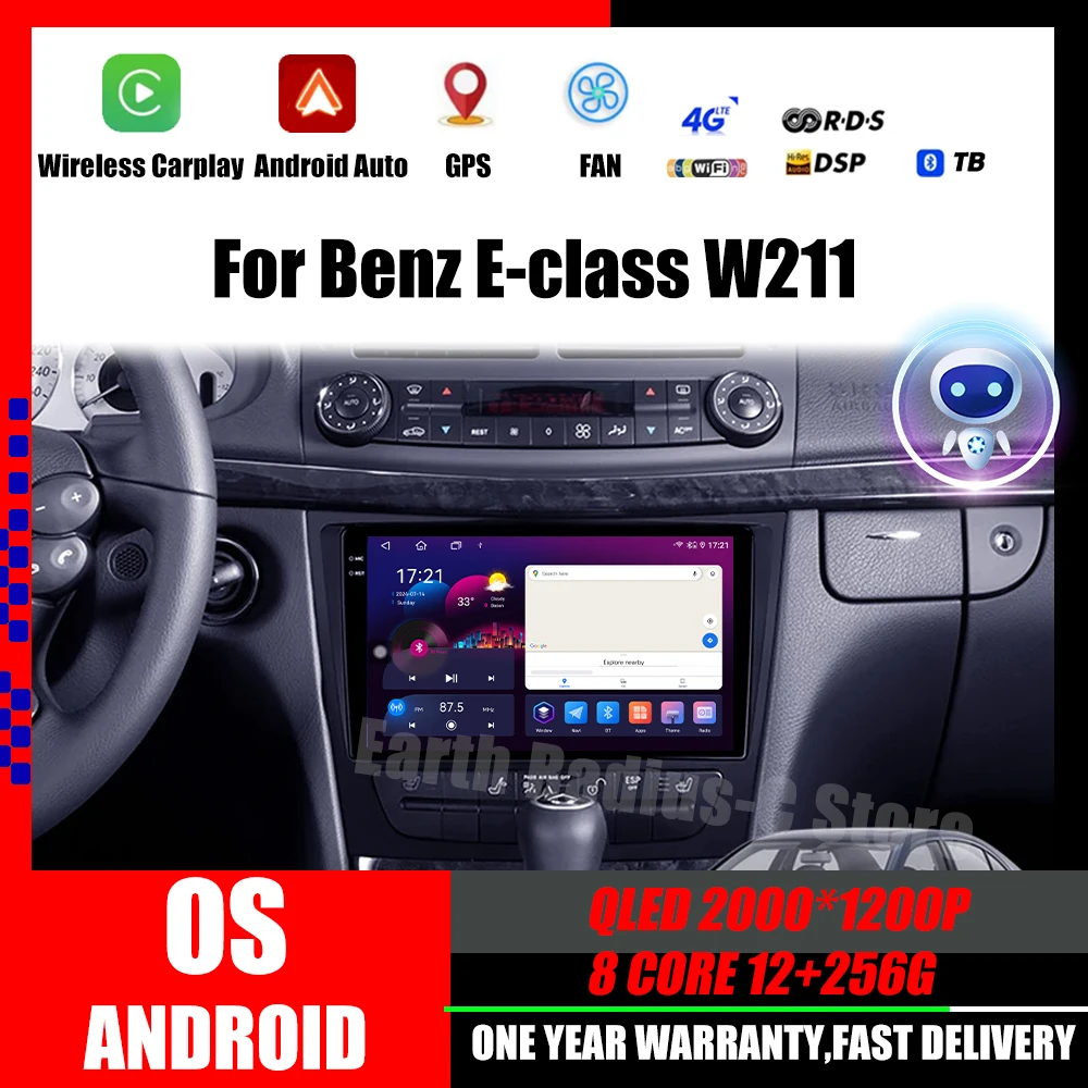 For Mercedes Benz E-class W211 2002 - 2008 Android 14 Carplay Auto 2K Screen Car Radio Multimedia Player Autoradio Stereo WIFI