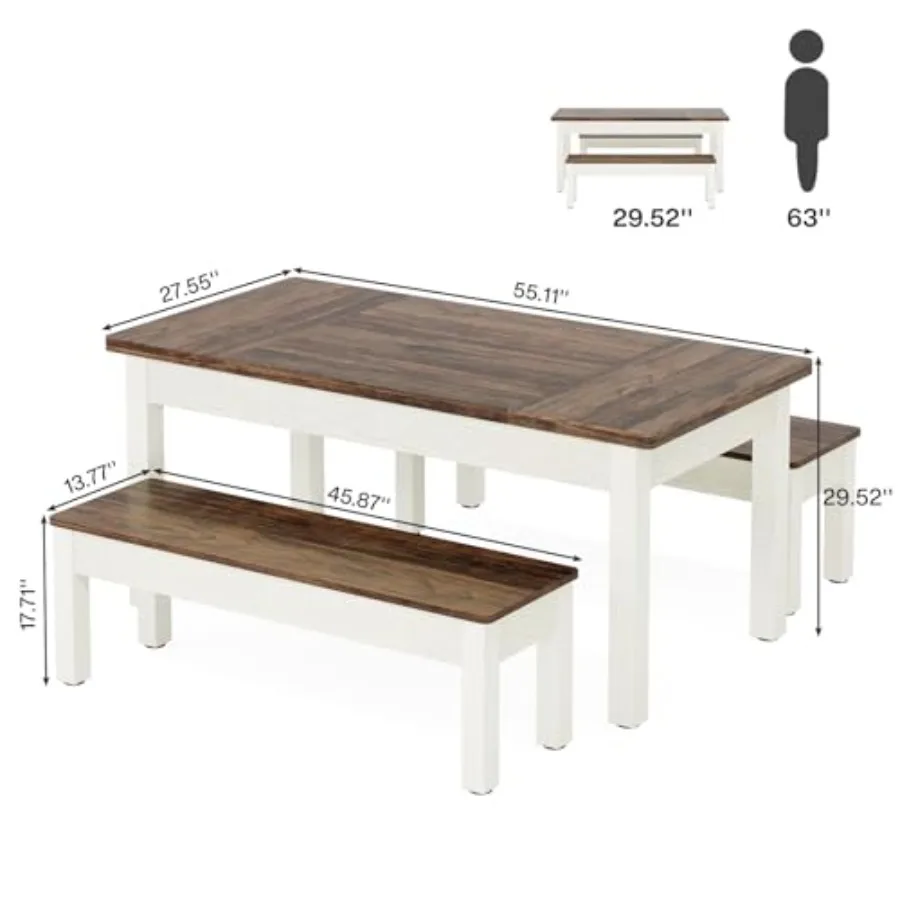 Farmhouse Kitchen Table Set for 4-6, 55-Inch Wooden Dining Table with 2 Benches, Space Saving 3 Pieces Heavy Duty Dinette for D