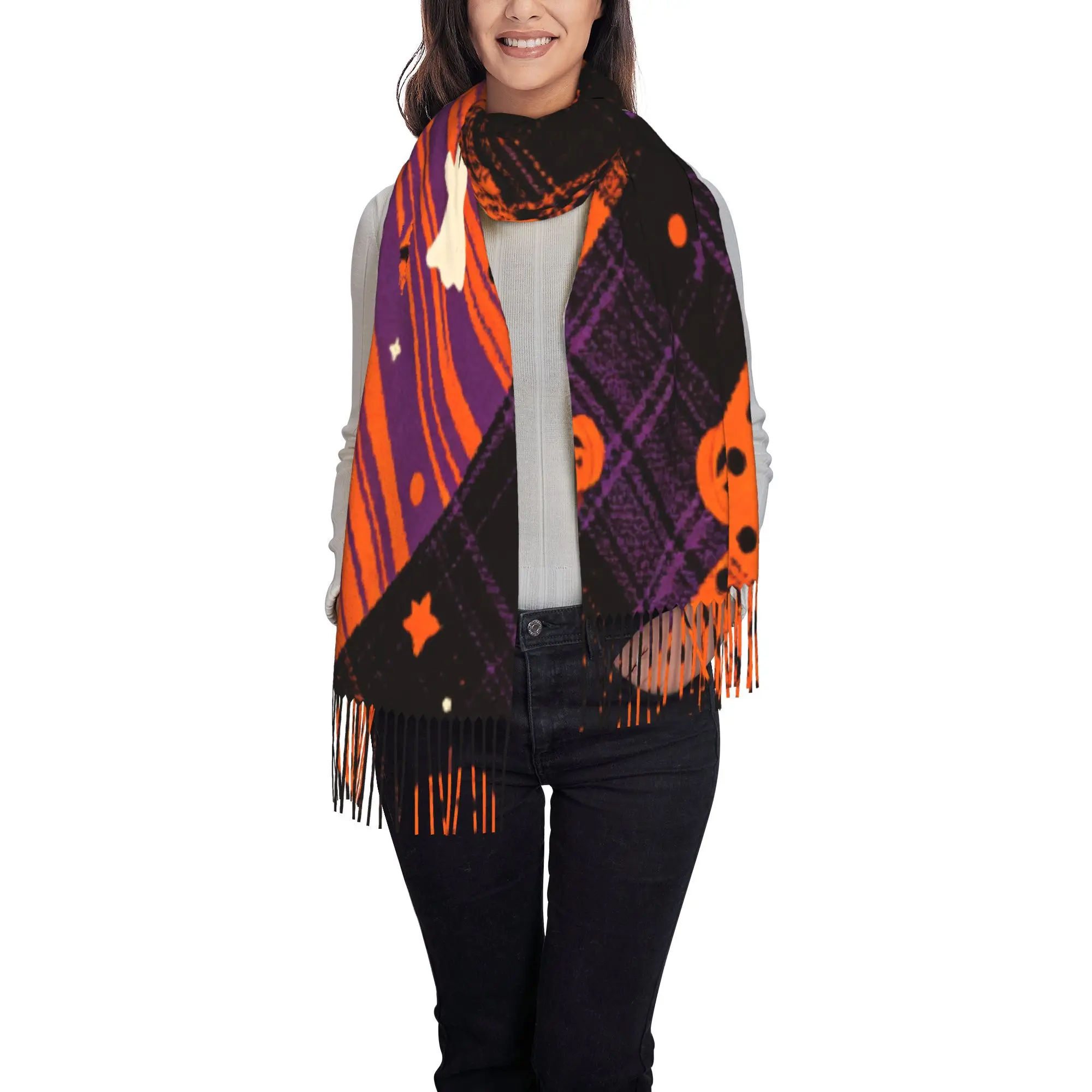 1pc 2D Flat Printing Orange Purple Halloween Diagonal Plaid Star Pumpkin Print Bandana Tassel In Autumn Winter