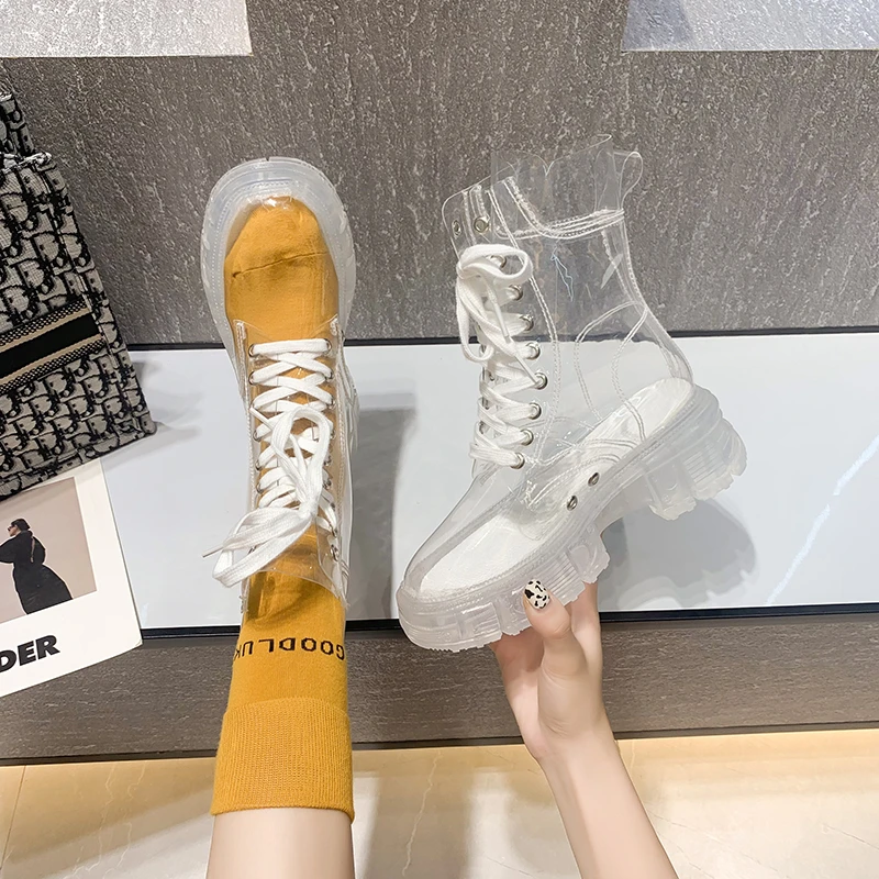 2025 Fashion Transparent Women's Thick Sole Booties Lace-Up Waterproof Nude Boots Women's Transparent Sexy Thick Sole Rain Boots