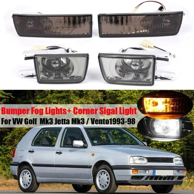 

1Set/4Pcs Car Front Bumper Fog Light+Turn Signal Lamp For VW Jetta MK3 Golf 1993-1998 Smoked Lens Foglight Corner Signal Parts