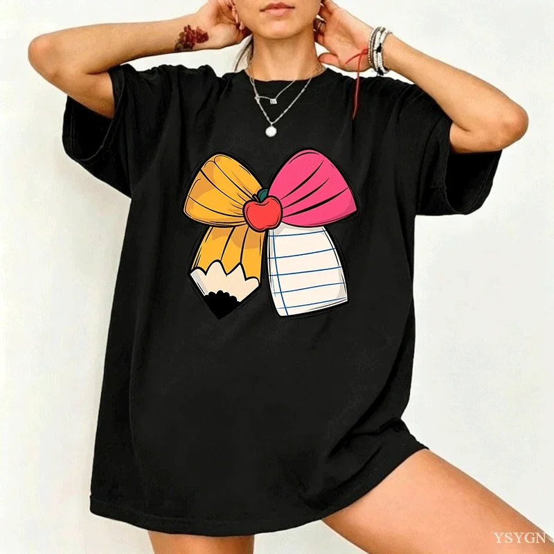 Ladies Short Sleeve Tee Creative Pencil Bow Graphic Crew Neck Soft Casual Loose T Shirt Cute Back To School Stylish Daily Tops