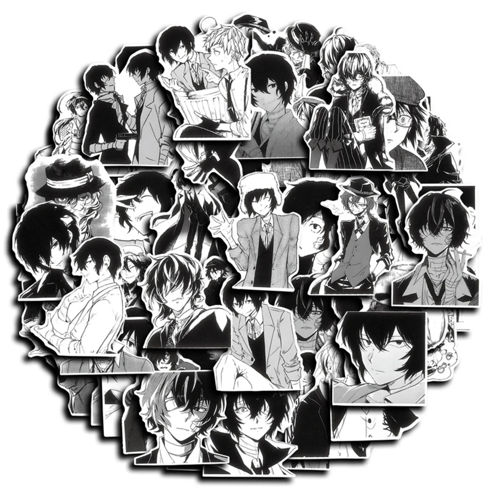 10/30/60pcs Bungo Stray Dogs Black White Anime Stickers DIY Laptop Scrapbooking Phone Bike Cool Cartoon Graffiti Decals Packing