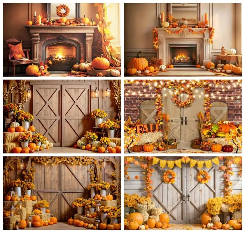 Laeacco Fall Harvest Barn Backdrop Autumn Thanksgiving Wooden Farm Door Rural Interior Fireplace Portrait Photography Background