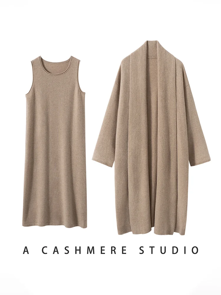 

French Long Vest Skirt Cardigan Suite Sweater 100% Cashmere Cardigan Coat Sundress Loose Women Retro Lapel Buttonless Two-piece