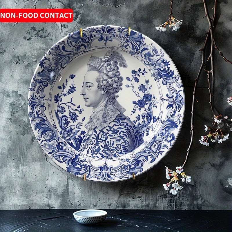 1pc European Vintage Blue and White Ceramic Decorative Plate Hand-Painted Lady of the Household Art Hanging Plate Wall Home