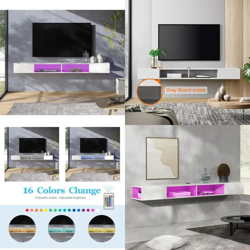 

Wall-Mounted Entertainment Center for 80 Inch TVs with LED Lighting and Floating Shelf for Living Rooms