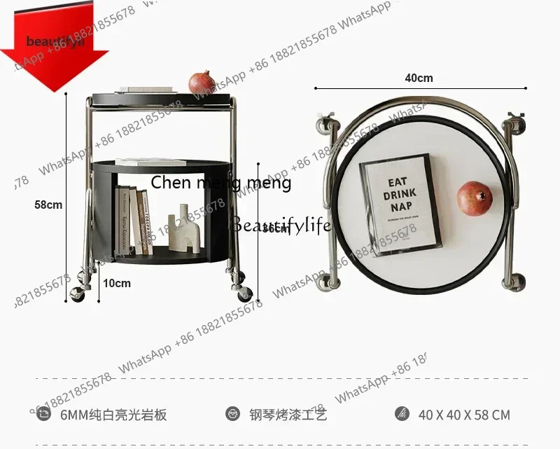 

New style Minimalist removable rock slab edge few living room sofa black round stainless steel cart ss 8617