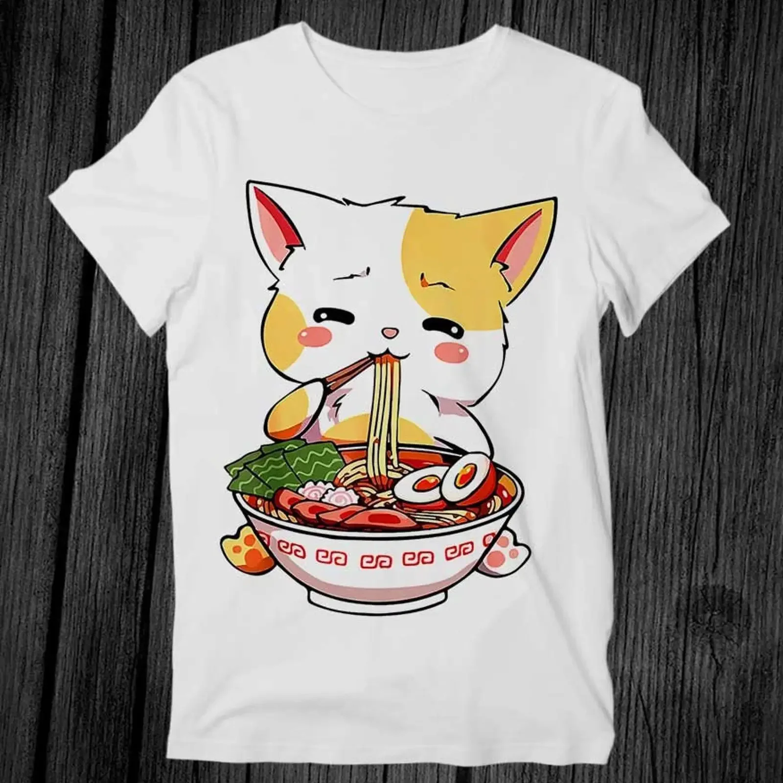 Ramen Cat Kawaii Anime Japanese Food T Shirt Adult Cool Music Top Vintage Retro G445 vintage Washed Versatile homme Breathable