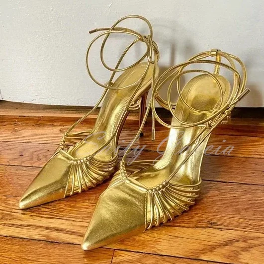 

Gold Lace Up Metallic High Heel Sandals Summer Pointed Toe Strappy Slingbacks Stiletto Women Sexy Luxurious Party Dress Pumps