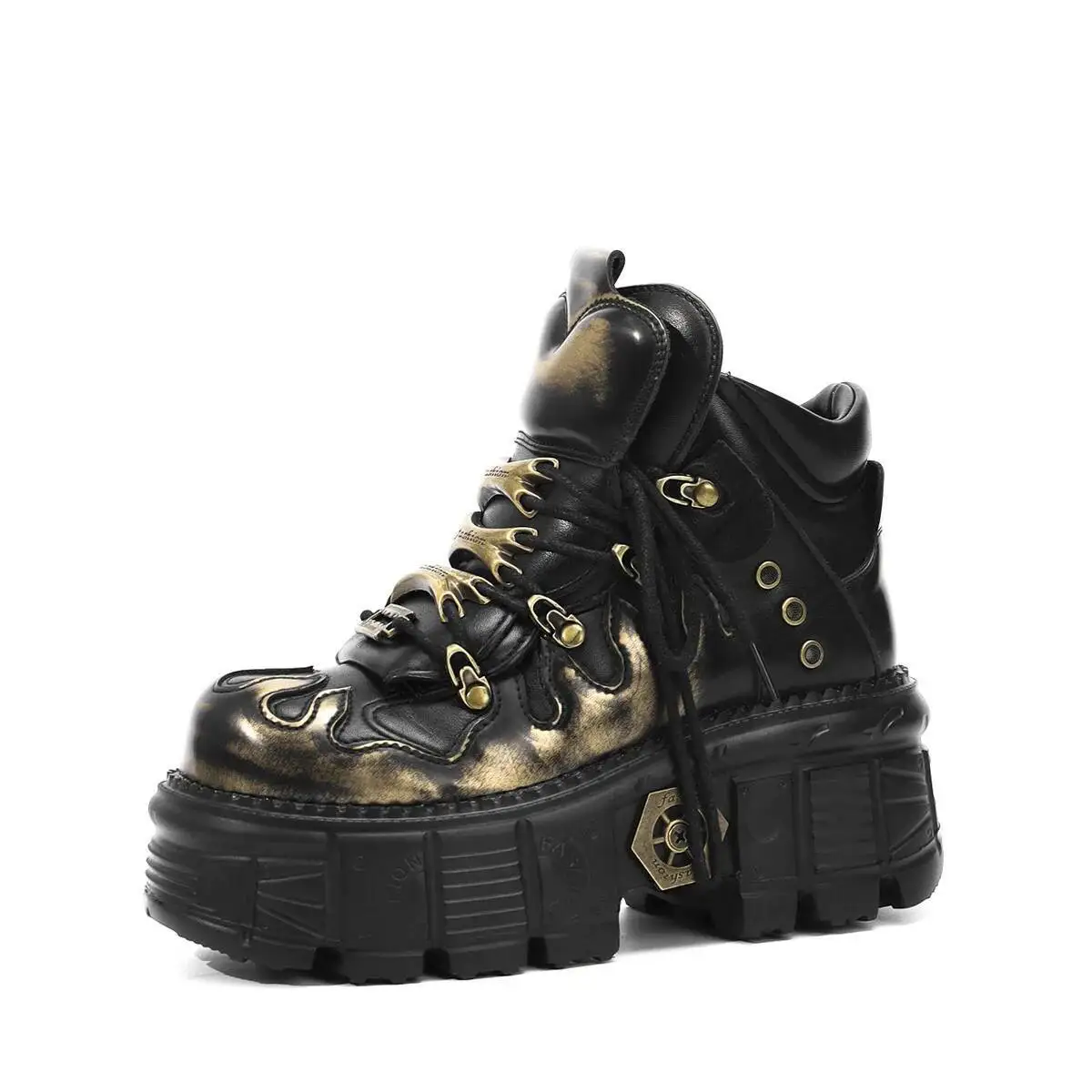 Unisex Gothic Dark Style Platform Shoes Punk Metal Height-Increasing Motorcycle boots Polished Riding Shoes