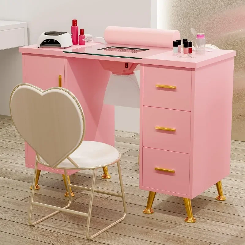 Glass Top Salon Manicure Table with Electric Vent, Wrist Cushion, Storage Drawers, Metal Handles and Golden Legs (Pink)