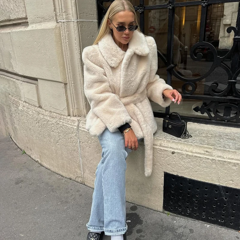 TARUXY Fashion With Belt Faux Fur Coat Women Solid Lapel Long-Sleeved Casual Warm Jacket Autumn Winter Female Daily Commute Coat