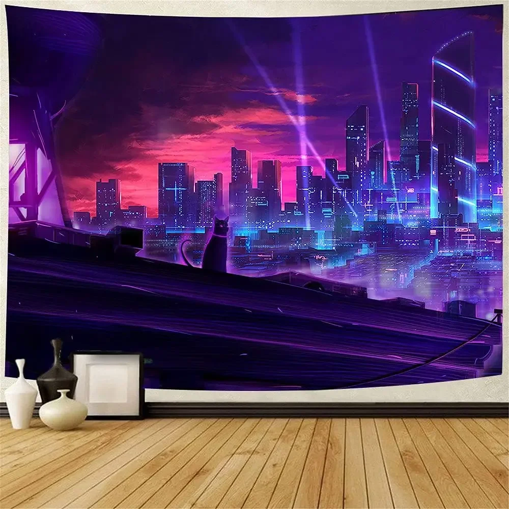 Neon City Night Tapestry Japanese Punk Cityscape Cat Wall Hanging Retro Futuristic Skyscraper Tapestries 80x60Inch