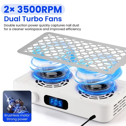 Imagen 2 del producto Extractor de polvo de uñas sin escobillas, velocidad ajustable de 2500/2800/3000/3300/3500rpm, potente colector de polvo de uñas Turbo doble