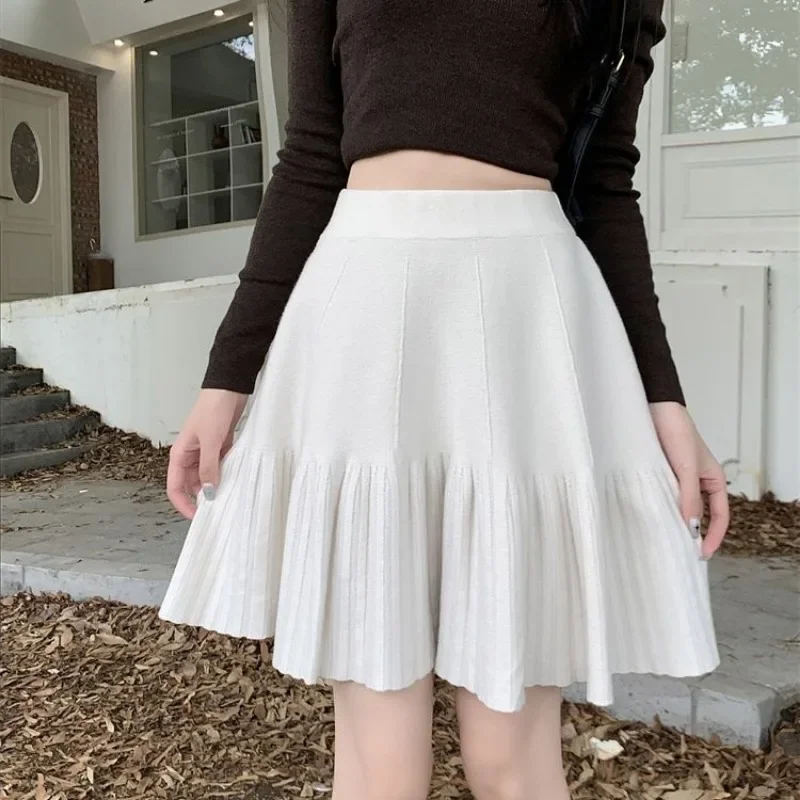 Solid Pleated Knitted Skirts for Women Autumn Winter Casual Loose Faldas High Waist A-line Mini Skirt Sweet Korean Clothing