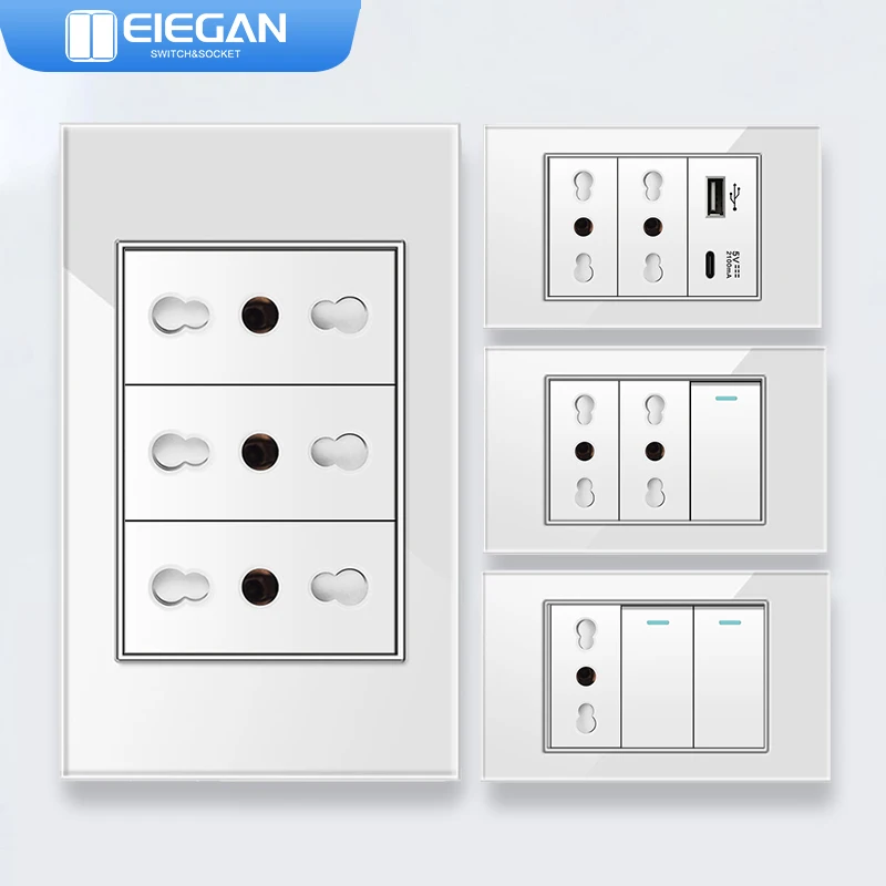 

ELEGAN White Tempered Glass Panel Italy Standard Type-C EU Outlet Plug Wall Socket Light Switch EU 1/2/3/4/5/6Gang Switch Home