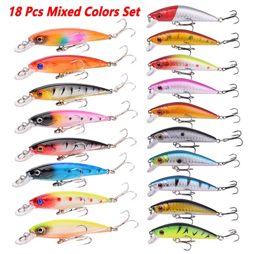 18 Pcs Minnow Fishing Lure Mixed Colors Set Sinking Wobblers Crankbaits Tackle Artificial Hard Bait with Hooks for Pike Bass