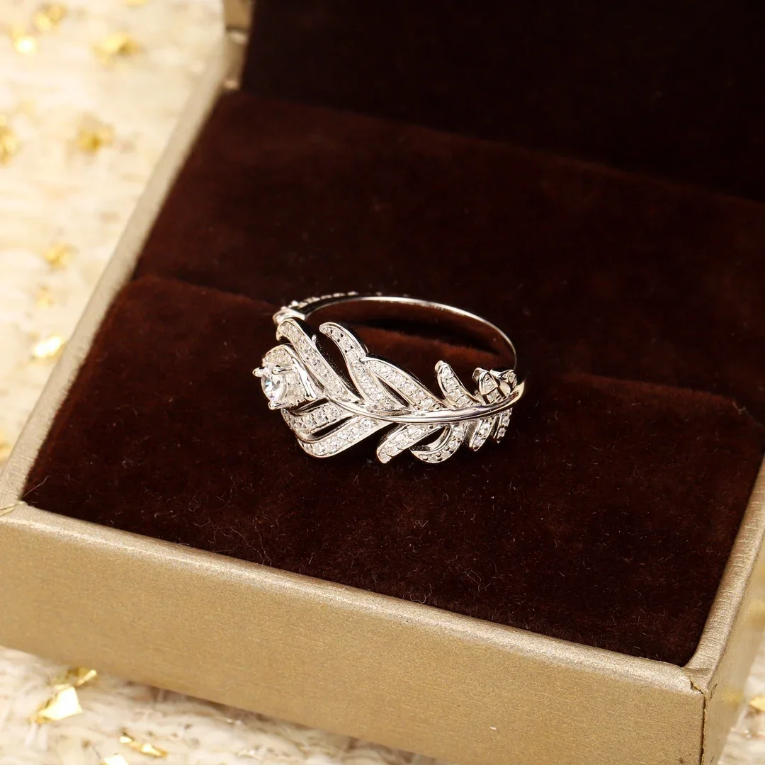 

Top Quality Fine Jewelry 925 Silver Feather Full Diamond Crystal Ring Woman Exquisite Gift Trend