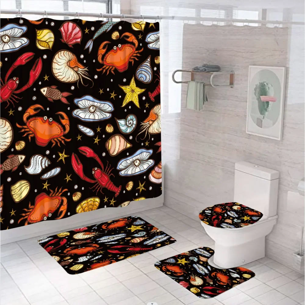 Ocean Shark Shower Curtain Set Non-Slip Rug Toilet Lid Cover Bath Mat Kids 3D Tropical Fish Blue Sea Coral Bathroom Decor Screen