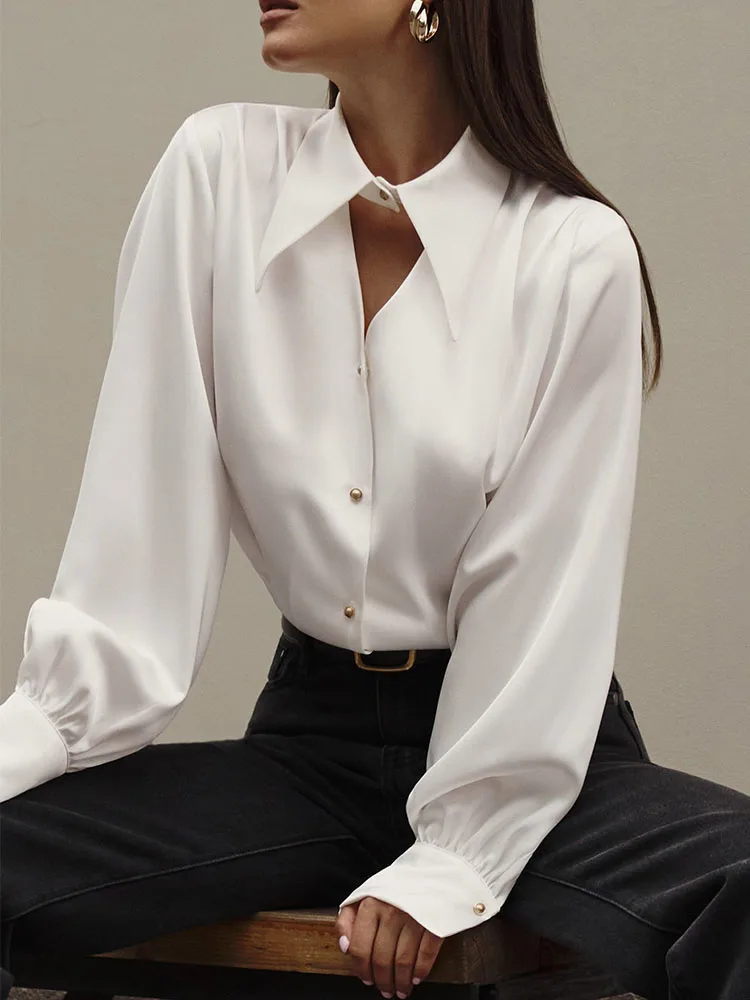 CNYISHE Solid Button Blends Sexy Club Women Shirts Long Sleeve Turn-down Collar Fashion Blouse Regular Female Casual Tops Tees