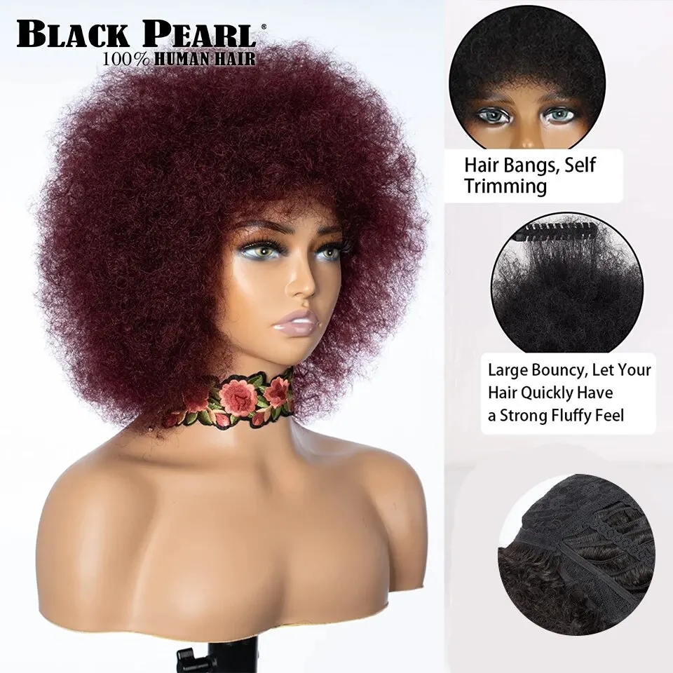 Perruque Bob Brésilienne Naturelle Remy Crépue et Bouclée, Cheveux Courts Afro avec Frange Optique, pour Femme Africaine