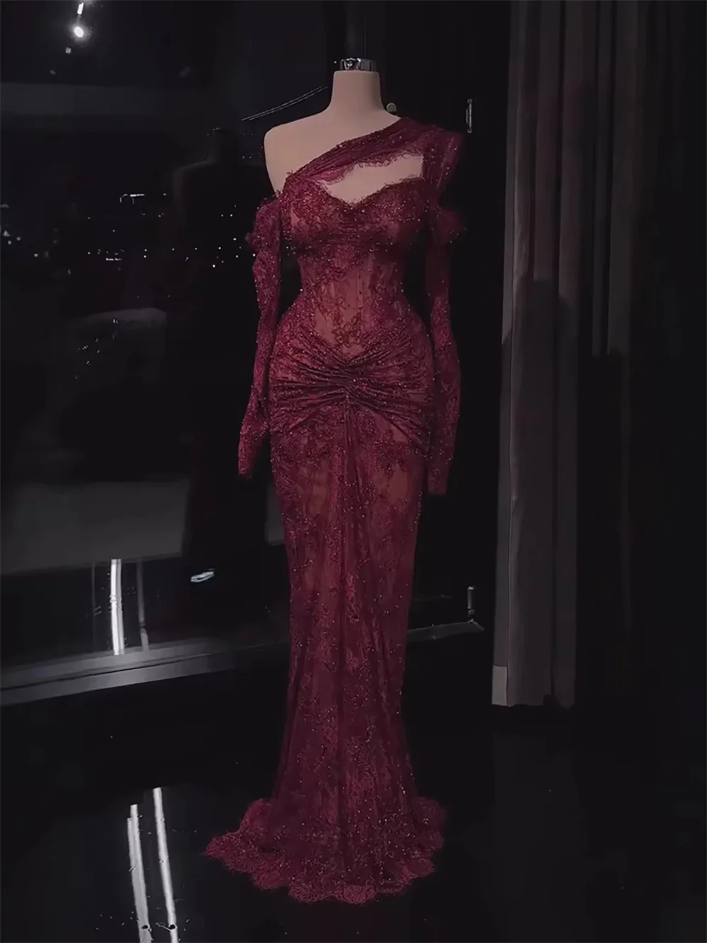 Amanda Customizd One‑shoulder Long sleeve Burgundy Lace Mermaid dresses Prom gowns Beaded Embroidery Rhinestones Evening dresses
