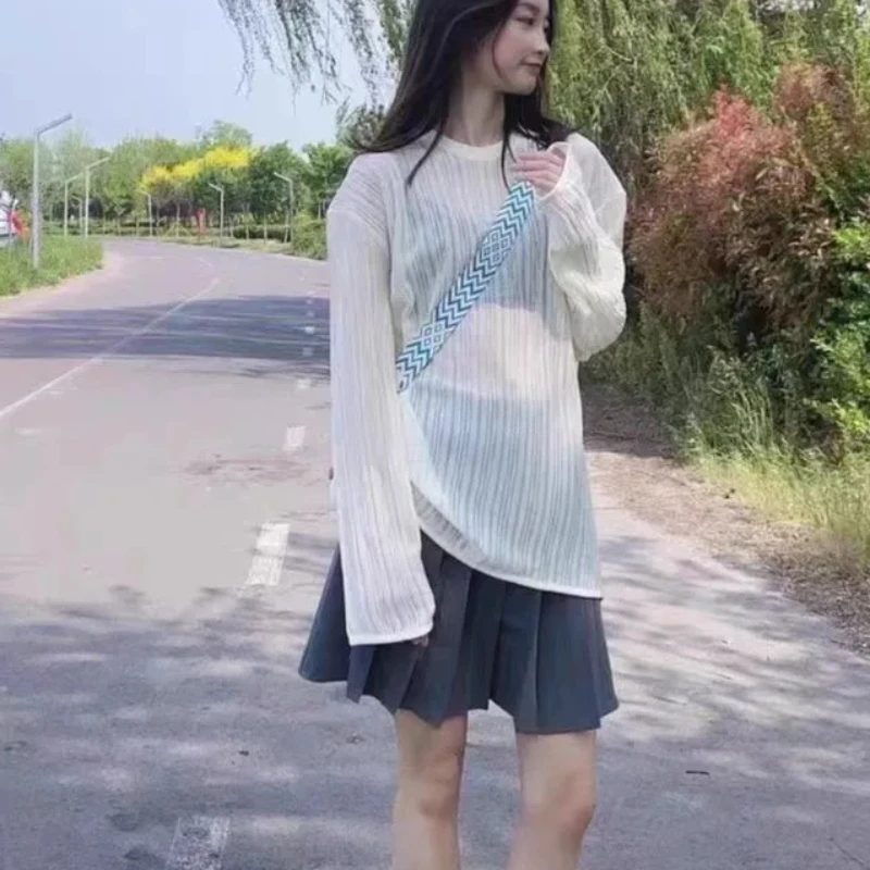 Sun-proof T-shirts Women Knitted Korean Fashion All-match Long Sleeve Slightly See-through Casual Chic Summer Tops Streetwear